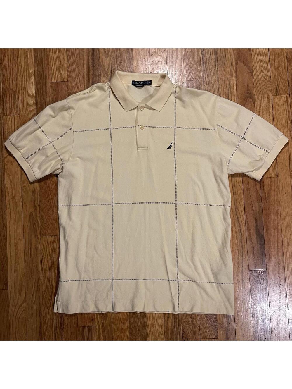 Nautica Vintage Polo Shirt Yellow Navy Striped Checkered Short Sleeve Men’s XL
